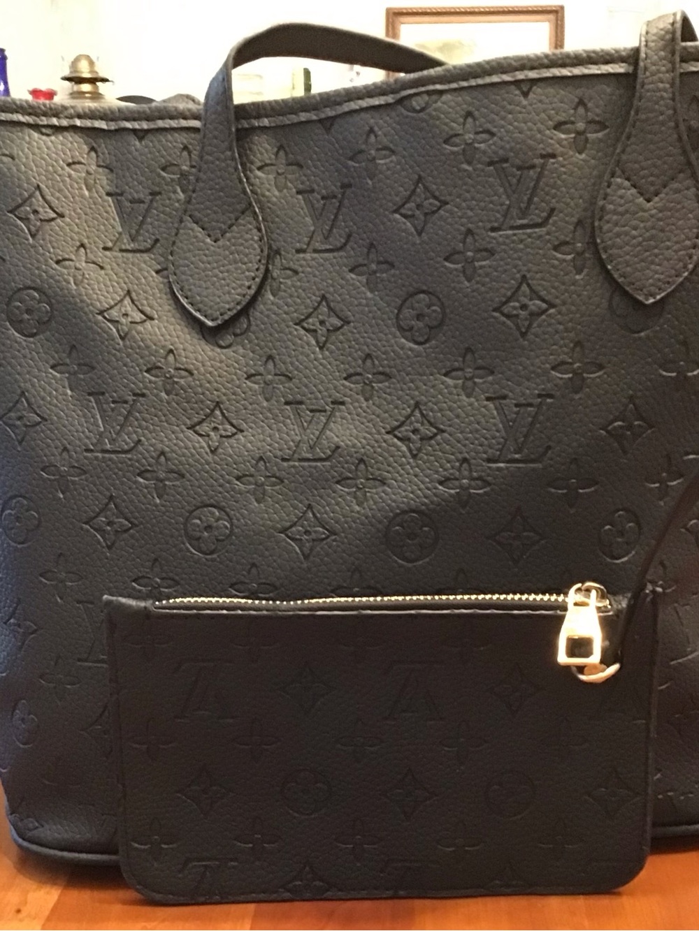 Louis Vuitton Black Embossed Leather Tote with Pouch